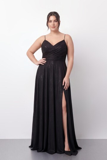 Işıltılı Büzgü Detaylı Büyük Beden Yırtmaçlı Elbise - 2057