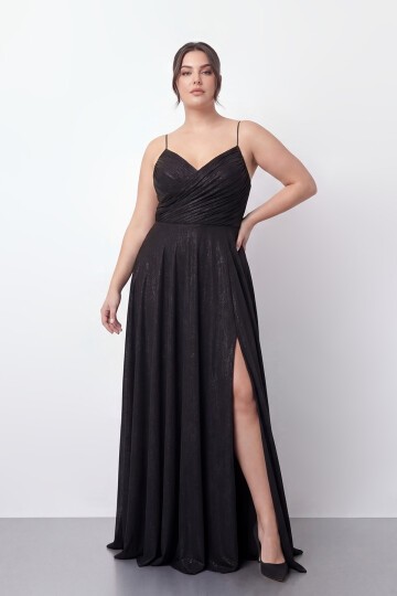 Işıltılı Büzgü Detaylı Büyük Beden Yırtmaçlı Elbise - 2057