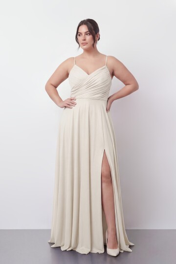 Işıltılı Büzgü Detaylı Büyük Beden Yırtmaçlı Elbise - 2057