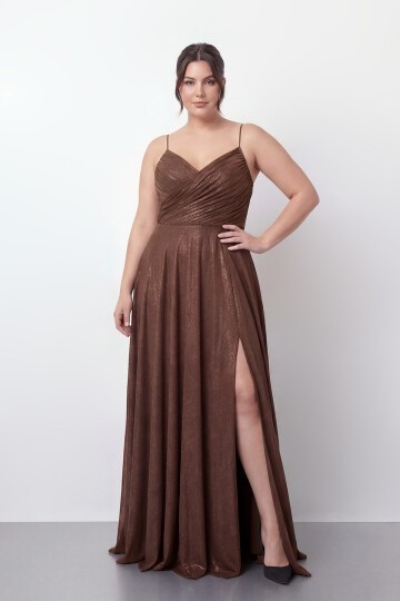 Işıltılı Büzgü Detaylı Büyük Beden Yırtmaçlı Elbise - 2057