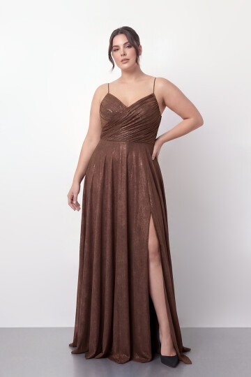 Işıltılı Büzgü Detaylı Büyük Beden Yırtmaçlı Elbise - 2057