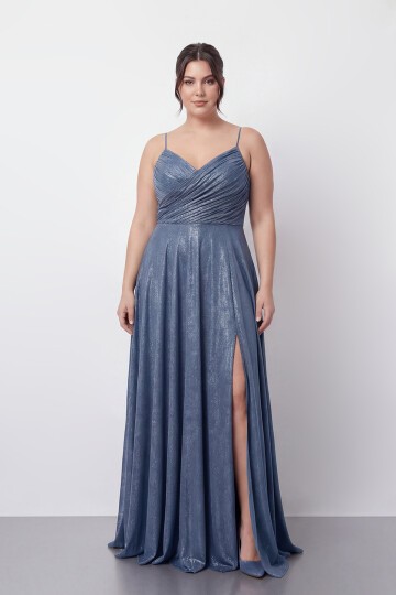 Işıltılı Büzgü Detaylı Büyük Beden Yırtmaçlı Elbise - 2057