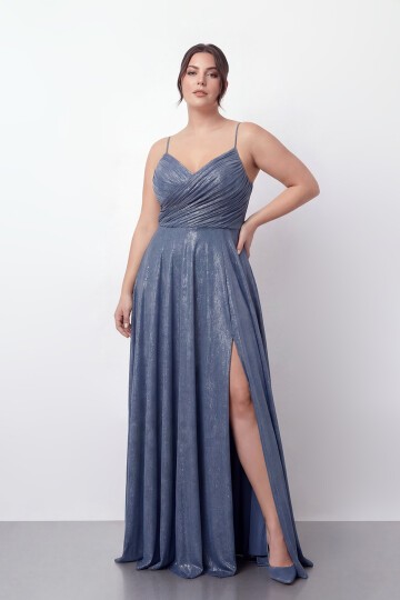 Işıltılı Büzgü Detaylı Büyük Beden Yırtmaçlı Elbise - 2057