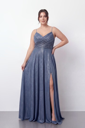 Işıltılı Büzgü Detaylı Büyük Beden Yırtmaçlı Elbise - 2057