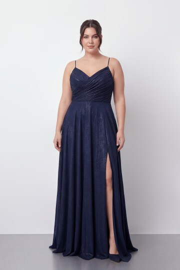 Işıltılı Büzgü Detaylı Büyük Beden Yırtmaçlı Elbise - 2057