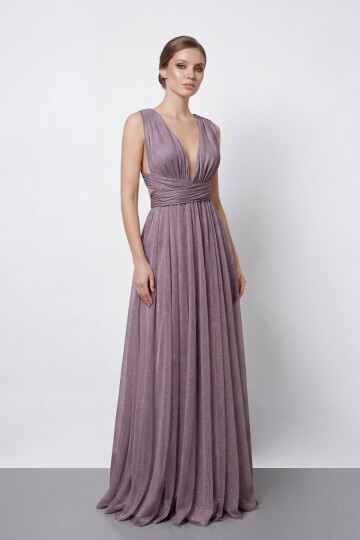 Işıltılı Derin V Yaka Pileli Abiye - 2043