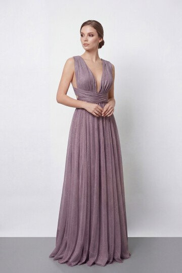 Işıltılı Derin V Yaka Pileli Abiye - 2043