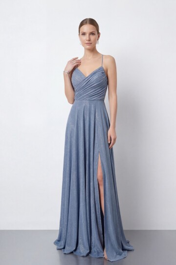 Işıltılı İp Askılı Drapeli Elbise - 2052