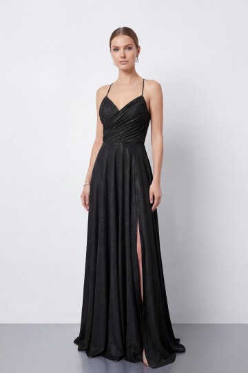 Işıltılı İp Askılı Drapeli Elbise - 2052