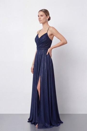 Işıltılı İp Askılı Drapeli Elbise - 2052