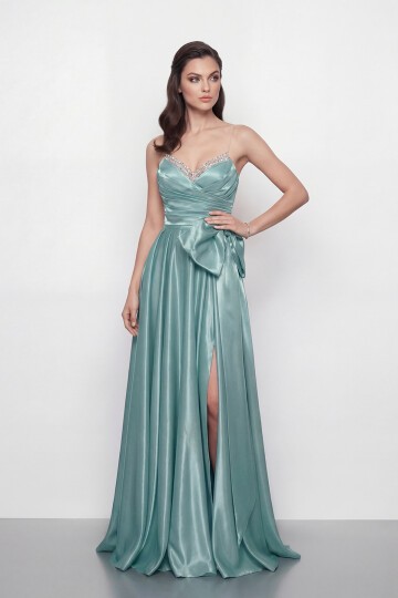 Işıltılı Yaka ve Fiyonk Detaylı Elbise - 2065