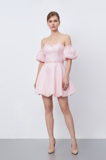 İşlemeli Balon Kollu Mini Elbise - 2035