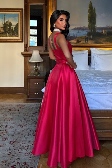 Kalp Yakalı Kemer Detaylı Midi Elbise - 1826