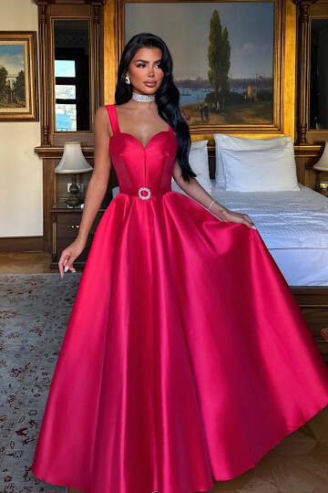 Kalp Yakalı Kemer Detaylı Midi Elbise - 1826