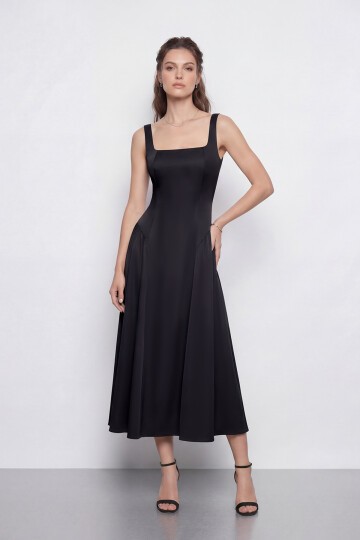 Kare Yaka A Kesim Midi Elbise - 2082