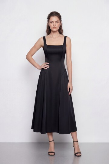 Kare Yaka A Kesim Midi Elbise - 2082