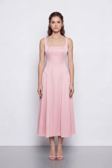 Kare Yaka A Kesim Midi Elbise - 2082