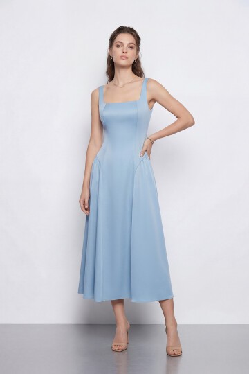 Kare Yaka A Kesim Midi Elbise - 2082