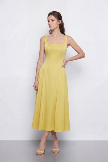 Kare Yaka A Kesim Midi Elbise - 2082