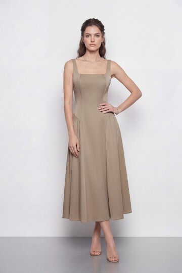 Kare Yaka A Kesim Midi Elbise - 2082