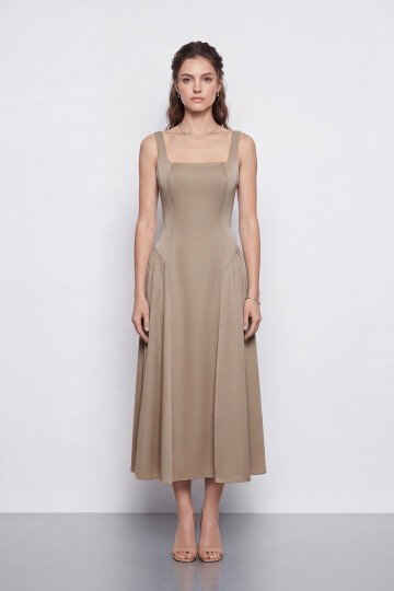 Kare Yaka A Kesim Midi Elbise - 2082