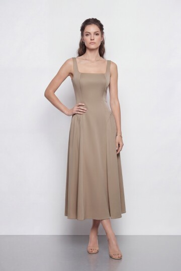 Kare Yaka A Kesim Midi Elbise - 2082