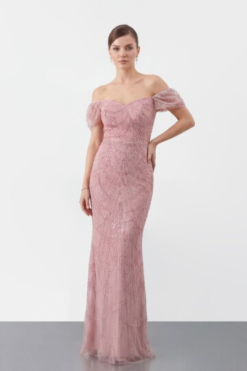 Omuz Açık Tül Kollu İşlemeli Uzun Abiye - 2132