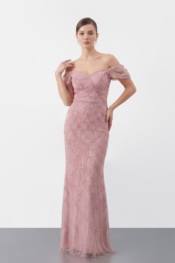 Omuz Açık Tül Kollu İşlemeli Uzun Abiye - 2132