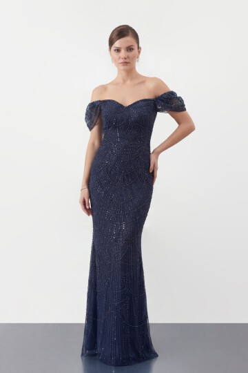 Omuz Açık Tül Kollu İşlemeli Uzun Abiye - 2132