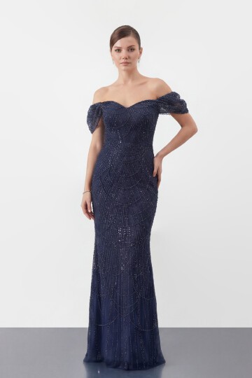 Omuz Açık Tül Kollu İşlemeli Uzun Abiye - 2132