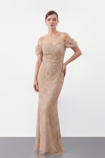 Omuz Açık Tül Kollu İşlemeli Uzun Abiye - 2132