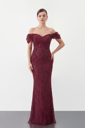 Omuz Açık Tül Kollu İşlemeli Uzun Abiye - 2132