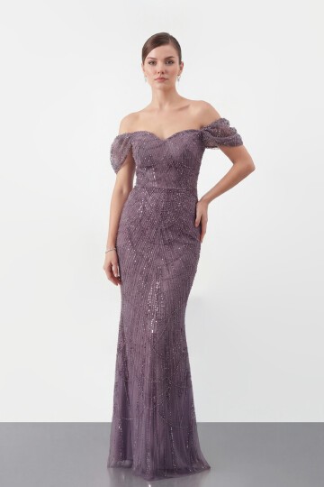 Omuz Açık Tül Kollu İşlemeli Uzun Abiye - 2132