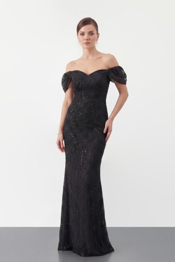 Omuz Açık Tül Kollu İşlemeli Uzun Abiye - 2132