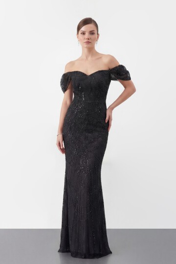 Omuz Açık Tül Kollu İşlemeli Uzun Abiye - 2132