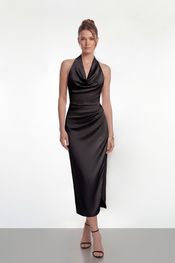 Saten Halter Yaka Drapeli Midi Abiye - 2084