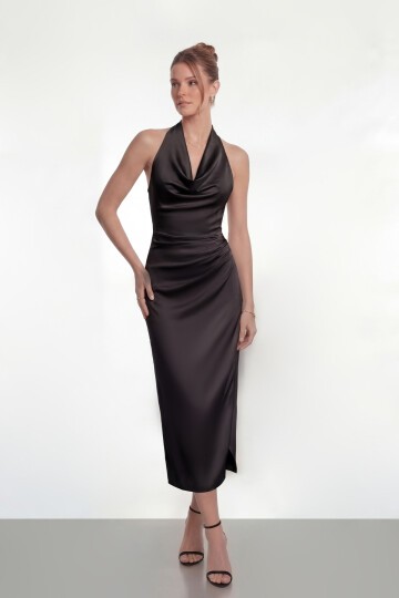 Saten Halter Yaka Drapeli Midi Abiye - 2084