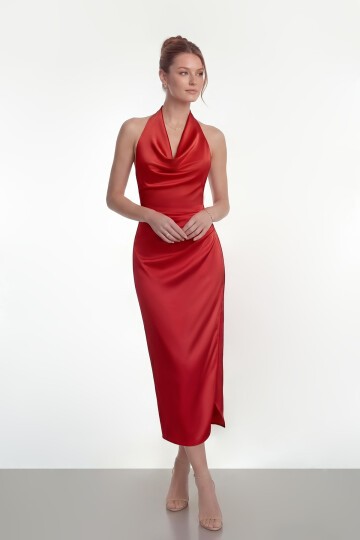 Saten Halter Yaka Drapeli Midi Abiye - 2084