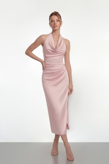 Saten Halter Yaka Drapeli Midi Abiye - 2084