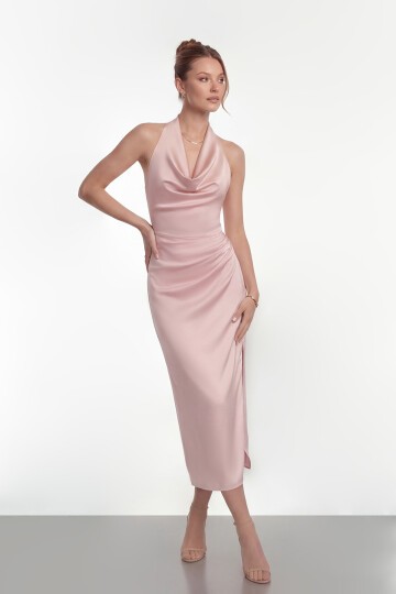 Saten Halter Yaka Drapeli Midi Abiye - 2084