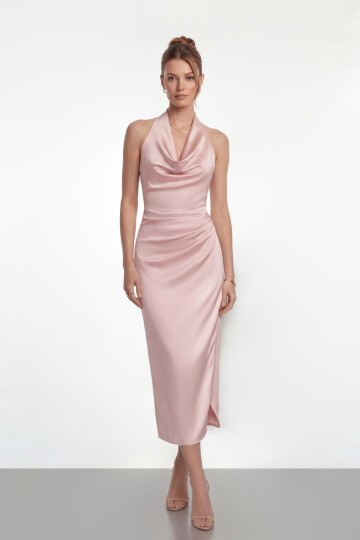 Saten Halter Yaka Drapeli Midi Abiye - 2084