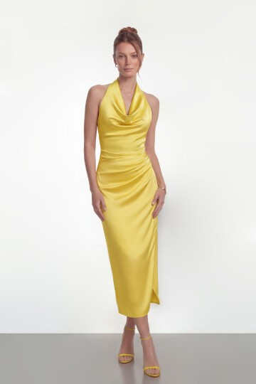 Saten Halter Yaka Drapeli Midi Abiye - 2084