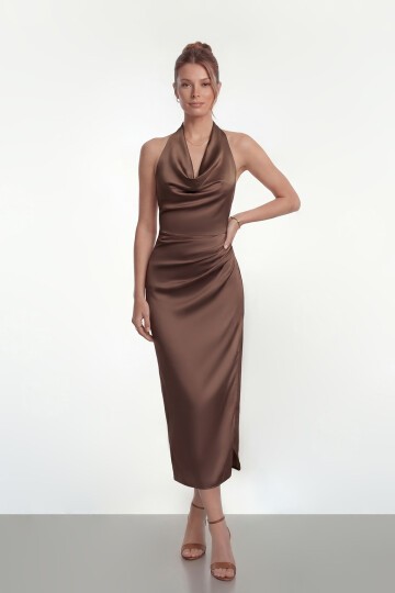 Saten Halter Yaka Drapeli Midi Abiye - 2084