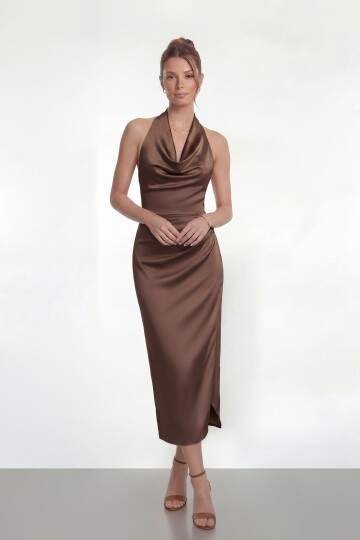 Saten Halter Yaka Drapeli Midi Abiye - 2084