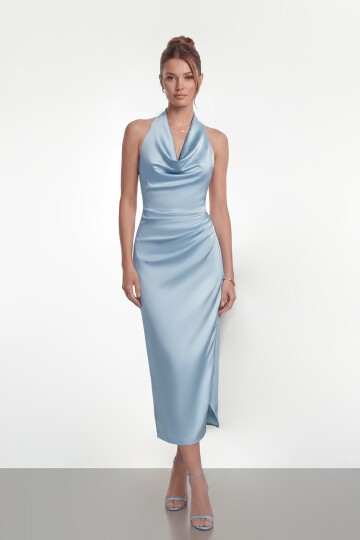 Saten Halter Yaka Drapeli Midi Abiye - 2084