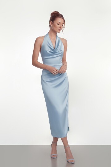 Saten Halter Yaka Drapeli Midi Abiye - 2084