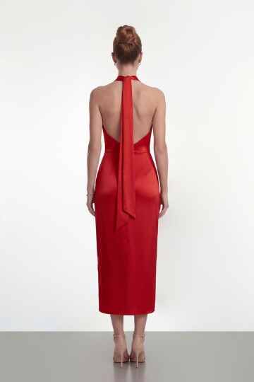 Saten Halter Yaka Drapeli Midi Abiye - 2084