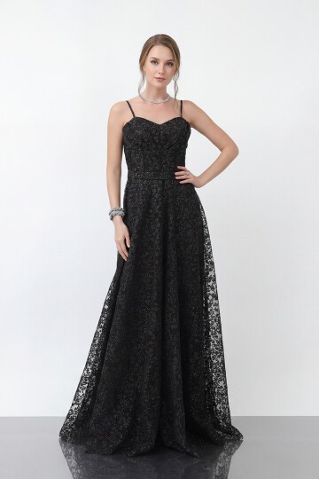 Simli Dantelli İp Askılı Uzun Abiye - 1960