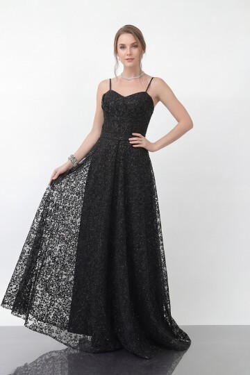 Simli Dantelli İp Askılı Uzun Abiye - 1960