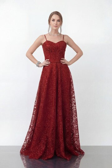 Simli Dantelli İp Askılı Uzun Abiye - 1960